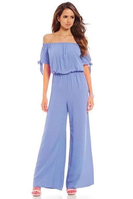 Women Long Jumpsuit Off Shoulder Short Sleeve Wide Leg Pants Chiffon Floral Printed Rompers light blue