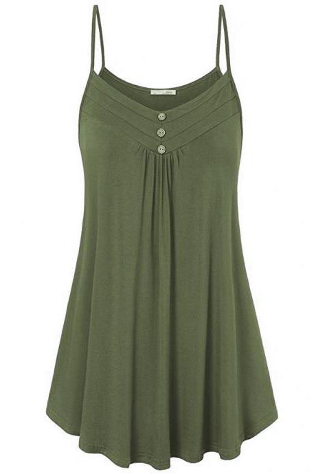Plus Size Women Tank Tops Summer Casual Spaghetti Strap Button Vest Sleeveless T Shirt Army Green