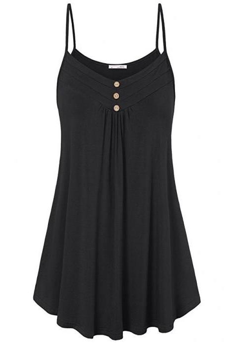 Plus Size Women Tank Tops Summer Casual Spaghetti Strap Button Vest Sleeveless T Shirt Black