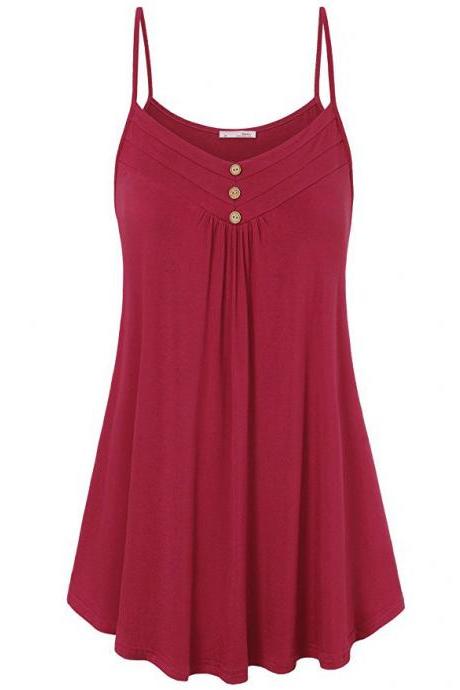 Plus Size Women Tank Tops Summer Casual Spaghetti Strap Button Vest Sleeveless T Shirt Crimson