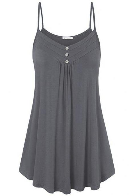 Plus Size Women Tank Tops Summer Casual Spaghetti Strap Button Vest Sleeveless T Shirt Gray
