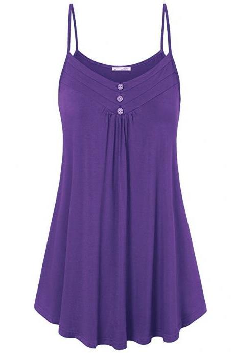 Plus Size Women Tank Tops Summer Casual Spaghetti Strap Button Vest Sleeveless T Shirt Purple