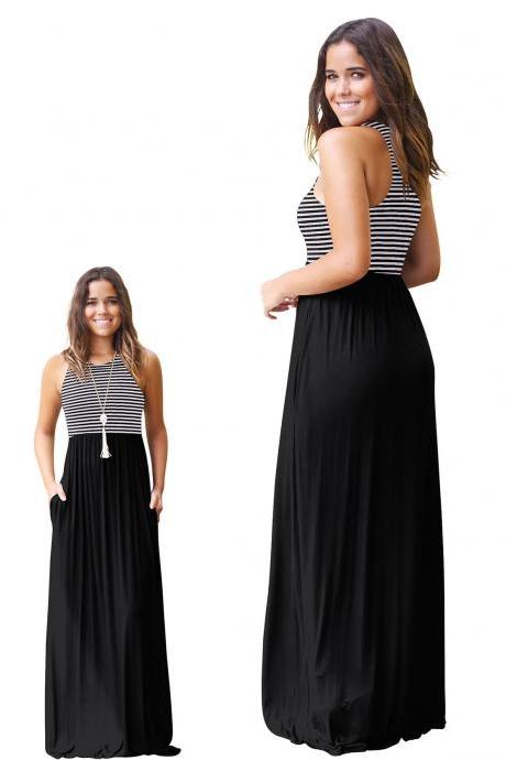 Women Boho Maxi Dress Sleeveless Summer Beach Striped Patchwok Long Sundress black