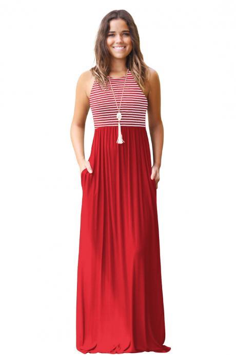 Women Boho Maxi Dress Sleeveless Summer Beach Striped Patchwok Long Sundress red