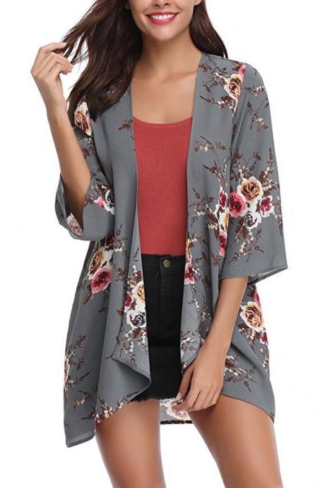 Women Casual Kimono Cardigan Half Sleeve Summer Chiffon Loose Floral Printed Coat Jacket Gray