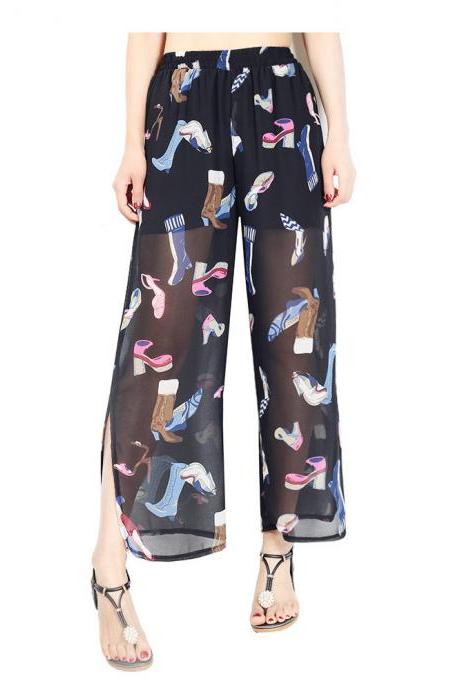 Women Chiffon Loose Casual Pants High Waist Summer Side Split Floral Printed Wide Leg Trousers9#
