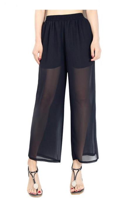Women Chiffon Loose Casual Pants High Waist Summer Side Split Floral Printed Wide Leg Trousers13#