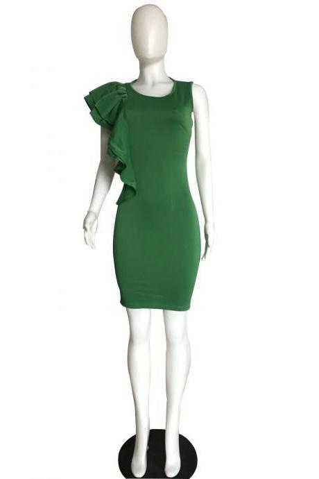 Women Pencil Dress Ruffles Summer Sleeveless Slim Bodycon Work Club Party Dress green