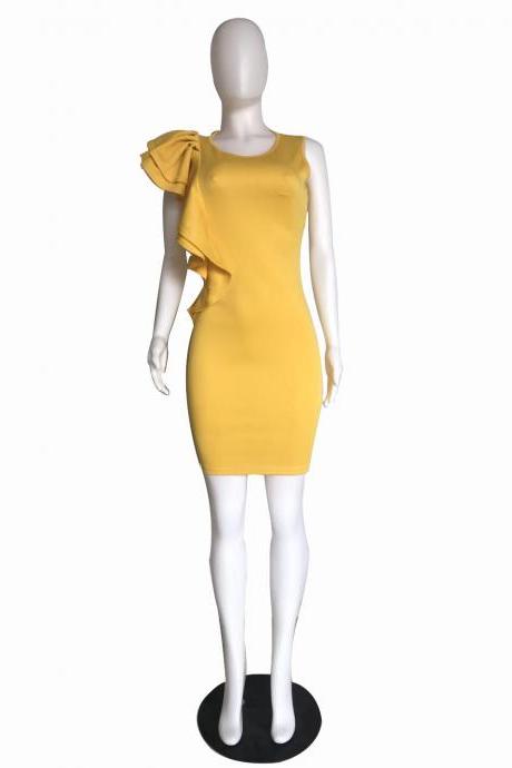 Women Pencil Dress Ruffles Summer Sleeveless Slim Bodycon Work Club Party Dress yellow