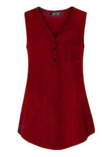 Women Tank Top V Neck Summer Vest Top Button Casual Blouse Sleeveless T Shirt Crimson