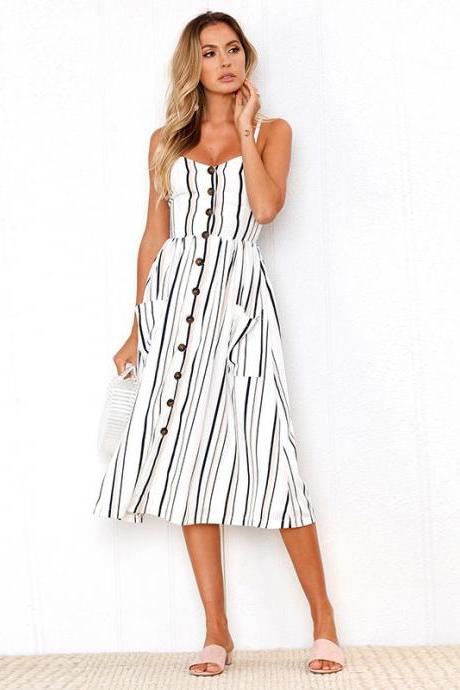 Women Midi Casual Dress Spaghetti Strap Button Pocket Boho Summer Beach Striped Sundress 2#