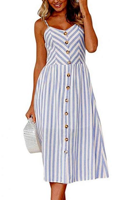  Women Midi Casual Dress Spaghetti Strap Button Pocket Boho Summer Beach Striped Sundress 8#