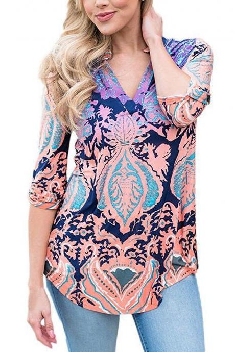 Women Floral Printed Blouse Long Sleeve V Neck Plus Size Casual Loose Tops Shirt Pink