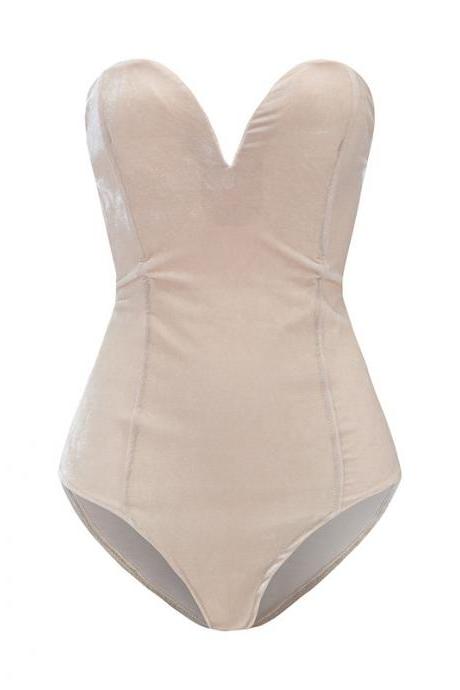 Beige Strapless Sweetheart Velvet Bodysuit Featuring Lace-Up Back