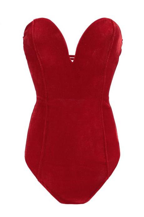 Women Velvet Bodysuit V Neck Slim Body Tops Backless Lace Up Bodycon Jumpsuit Red