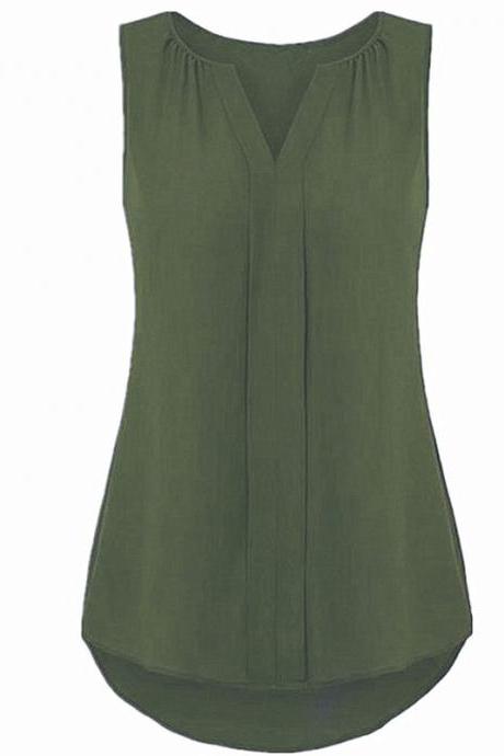  Women Chiffon Sleevless Blouse Summer V Neck Tank Tops Plus Size Loose T Shirt army green