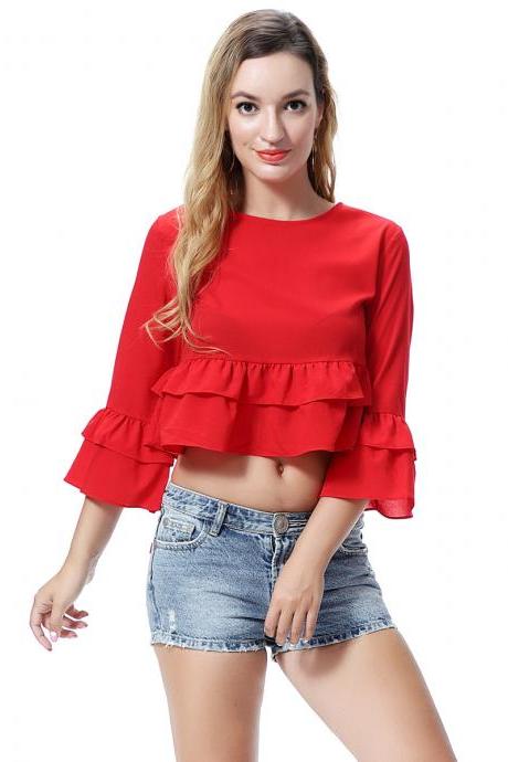 Women Crop Top 3/4 Sleeve Ruffles Summer Loose Tee Casual Streetwear T-shirt Deep Red