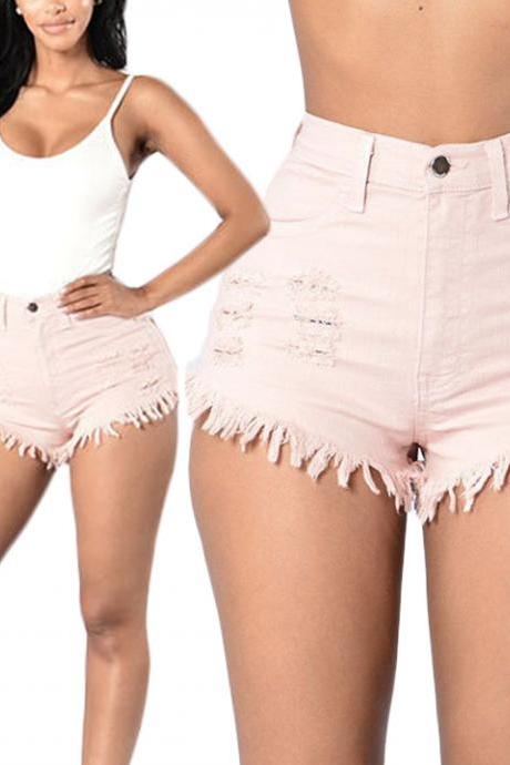 Women Denim Shorts High Waist Ripped Tassels Summer Casual Mini Jeans Shorts pink