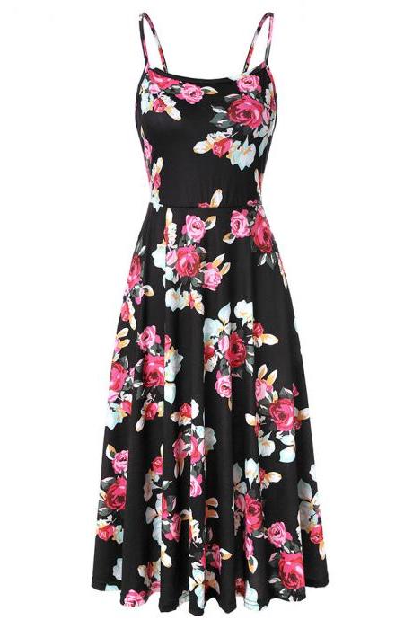  Boho Floral Printed Casual Dress Spaghetti Strap Women Summer Beach Party Dress2#