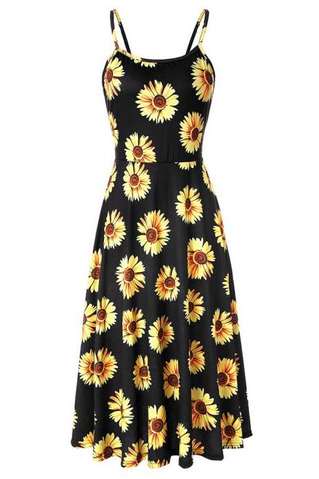 Boho Floral Printed Casual Dress Spaghetti Strap Women Summer Beach Party Dress3#