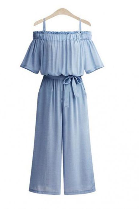 Women Wide Leg Jumpsuit Spaghetti Strap Off Shoulder Belted Casual Long Rompers Playsuit blue