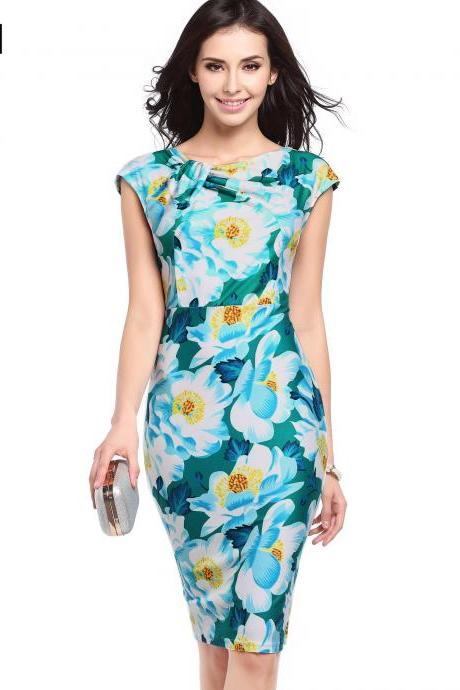 Women Floral Printed Pencil Dress Cap Sleeve Slim Bodycon Work Office Party Dress 734-1#