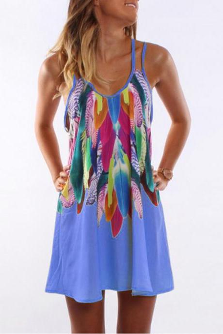 Women Floral Printed Mini Party Dress Spaghetti Strap Summer Beach Casual Sundress Blue