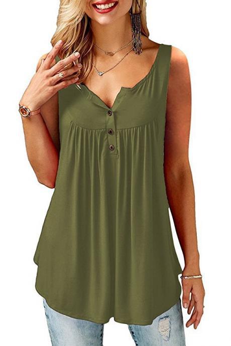 Women Tank Tops Button Plus Size Pleated Summer Casual Loose Sleeveless T Shirt army green