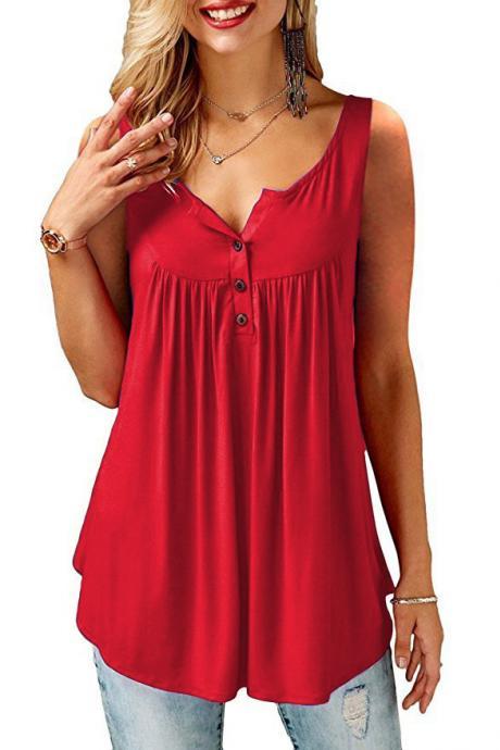 Women Tank Tops Button Plus Size Pleated Summer Casual Loose Sleeveless T Shirt red