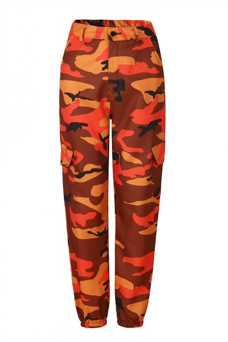 Women Camouflage Harem Pants Casual Loose Jogger Camo Cargo Trousers Sweatpants orange