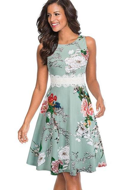 Women Floral Lace Sundress Vintage 50 60s Sleeveless A-line Work Offfice Party Dress 6#