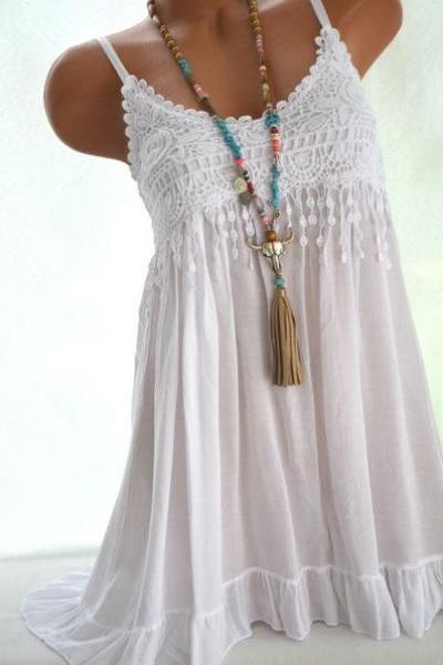 Women Spaghetti Strap Lace Dress Casual Sleeveless Summer Boho Beach Mini Party Sundress Off White