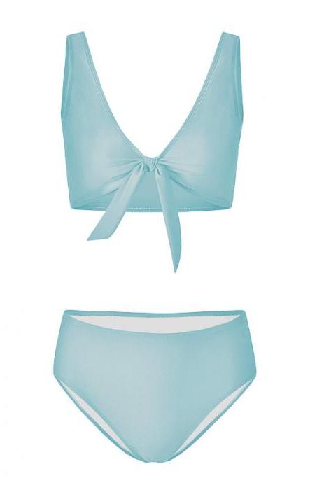 Women Bikini Set Summer Deep V Neck Bow Swimsuit Swimwear Two Piece Set Bathing Suit baby blue
