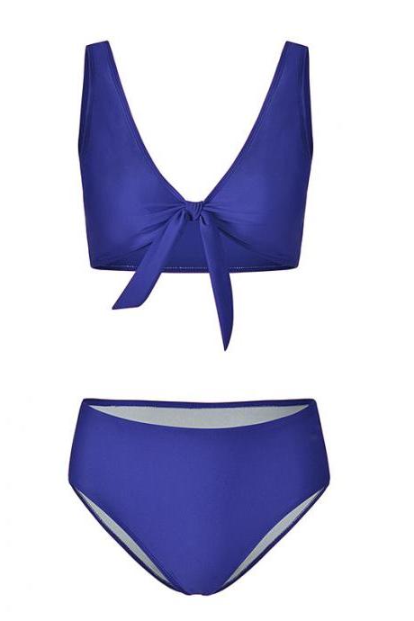Women Bikini Set Summer Deep V Neck Bow Swimsuit Swimwear Two Piece Set Bathing Suit royal blue