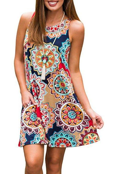 Women Casual Dress Summer Beach Sleeveless Pocket Element Printed Loose Boho Mini Dress 6#
