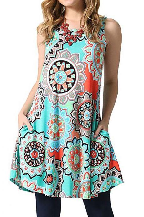Women Casual Dress Summer Beach Sleeveless Pocket Element Printed Loose Boho Mini Dress 10#