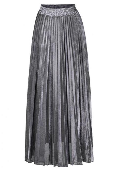 Women Maxi Skirt High Waist Ankle Length Casual Metallic Long Pleated Skirt gray