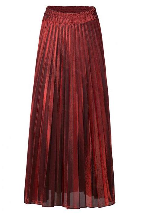 Women Maxi Skirt High Waist Ankle Length Casual Metallic Long Pleated Skirt red