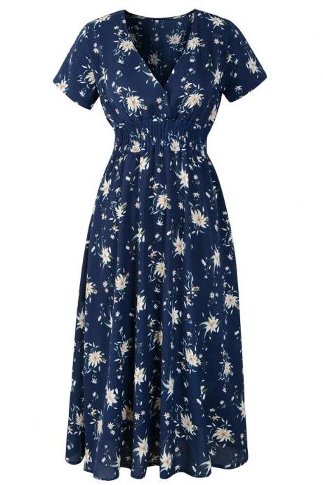 Boho Floral Printed Dress V Neck Short Sleeve Summer Beach Casual Party Dress navy blue