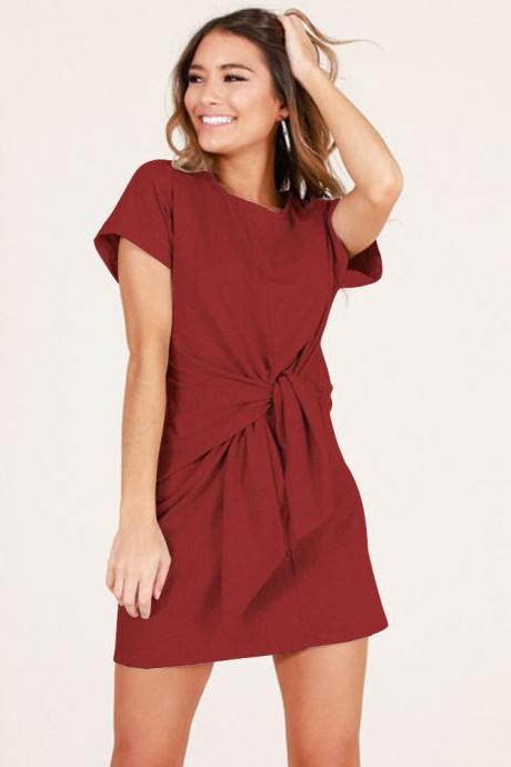 Summer Women Causal Dress Tie Waist Short Sleeve Mini Club Party Dress Crimson