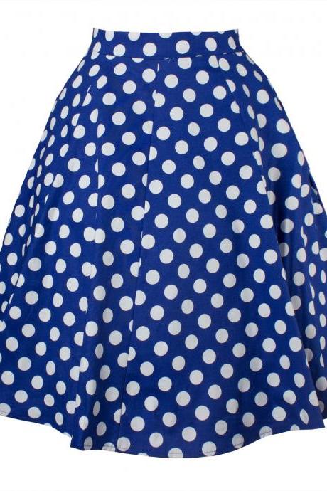 Women Floral Print/polka Dot Skirt High Waist Vintage 50s 60s A Line Midi Skater Skirt Blue Polka Dot