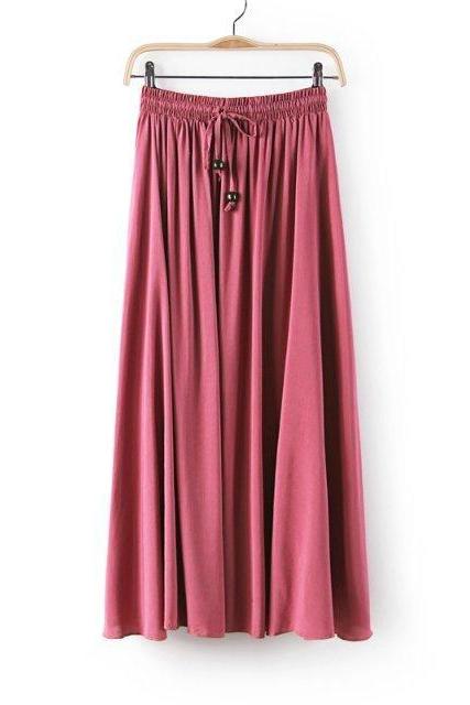 Women Maxi Skirt Summer Fashion Solid Casual Drawstring Elastic Waist Long Pleated Skirt blush pink