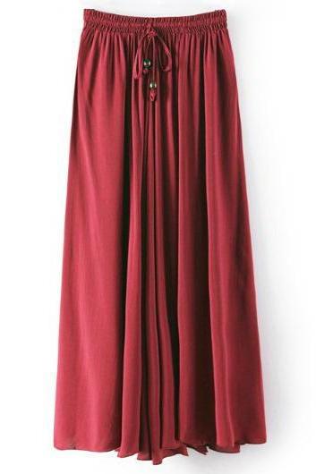 Women Maxi Skirt Summer Fashion Solid Casual Drawstring Elastic Waist Long Pleated Skirt crimson