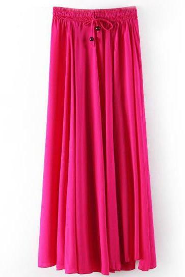 Women Maxi Skirt Summer Fashion Solid Casual Drawstring Elastic Waist Long Pleated Skirt Hot Pink