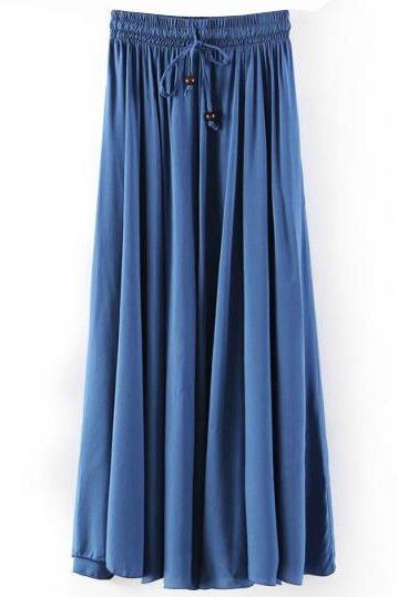 Women Maxi Skirt Summer Fashion Solid Casual Drawstring Elastic Waist Long Pleated Skirt dark blue