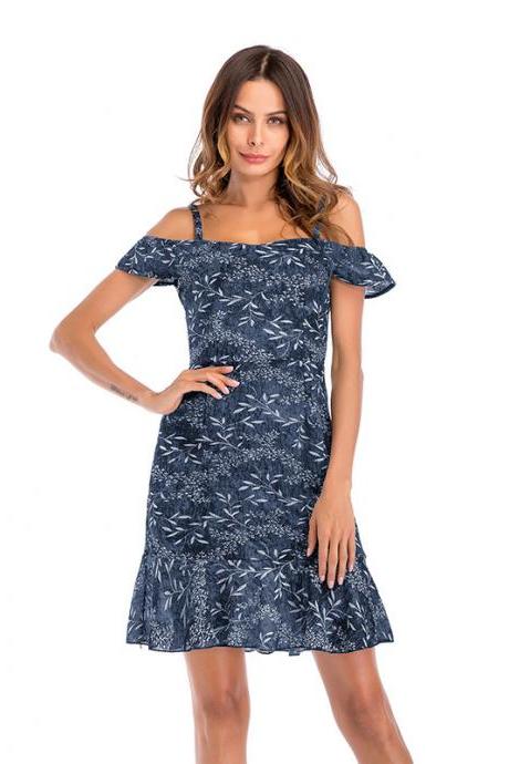 Women Floral Print Dress Summer Ruffle Off Shoulder Spaghetti Strap Casual Mini Beach Dress Dark Blue