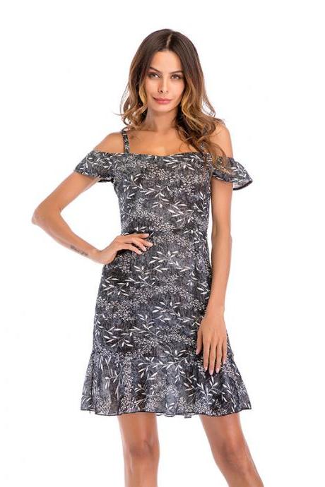 Women Floral Print Dress Summer Ruffle Off Shoulder Spaghetti Strap Casual Mini Beach Dress gray