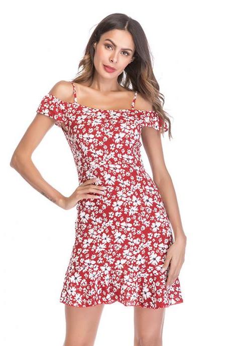Women Floral Print Dress Summer Ruffle Off Shoulder Spaghetti Strap Casual Mini Beach Dress red