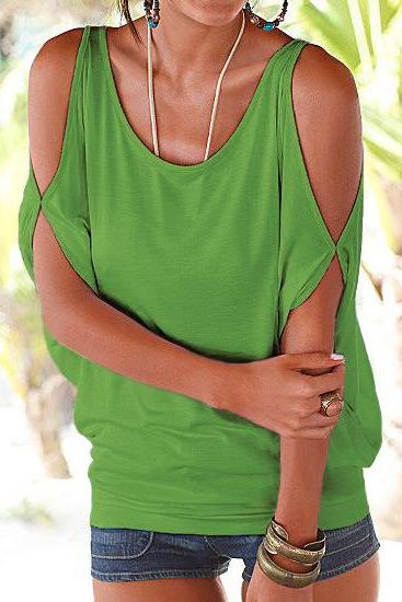 Women T Shirt Off the Shoulder Short Sleeve Summer Loose Casual Tee Tops green
