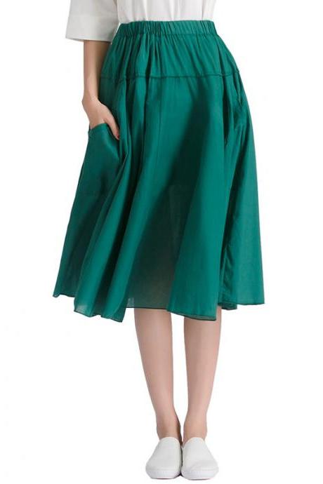 Women A Line Midi Skirt Elastic High Waist Summer Casual Pockets Pleated Skirt green